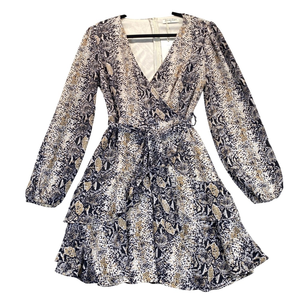 Ambition Womens Snakeskin Print Tiered Ruffle Dress Long Sleeve V-Neck Med